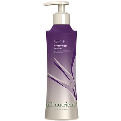 Purple bottle of All-Nutrient gel with pump on a white background