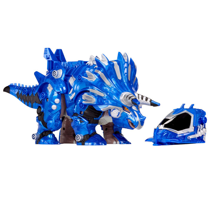 Blue toy dinosaur with a blue helmet on a white background