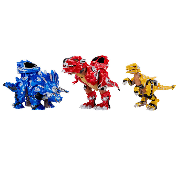 Three dinosaur-like toy figures in blue, red, and yellow on a white background
