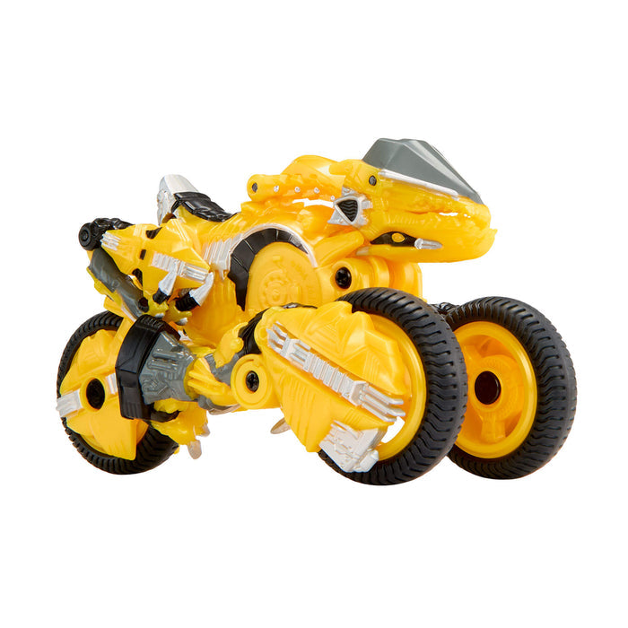 Yellow toy motorcycle with black wheels on a white background