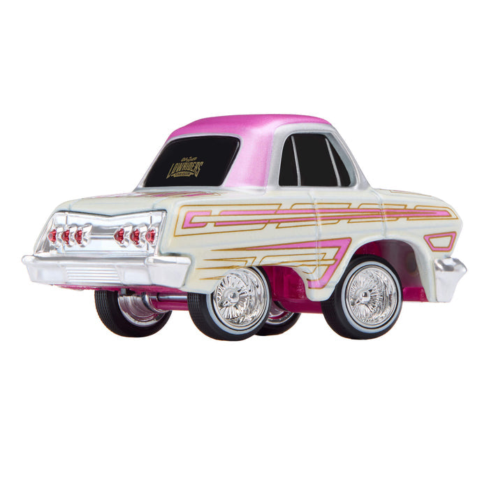Toy car with pink and white design on a white background