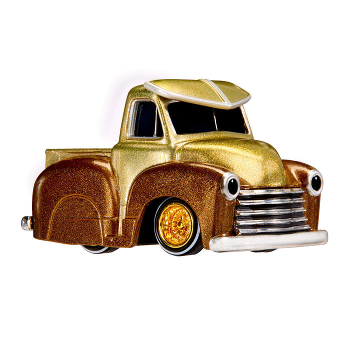 Two toned gold pickup truck with gold wheel rims on a white background