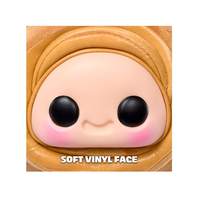 Close-up of a soft vinyl face with a brown headband and text 'SOFT VINYL FACE'.
