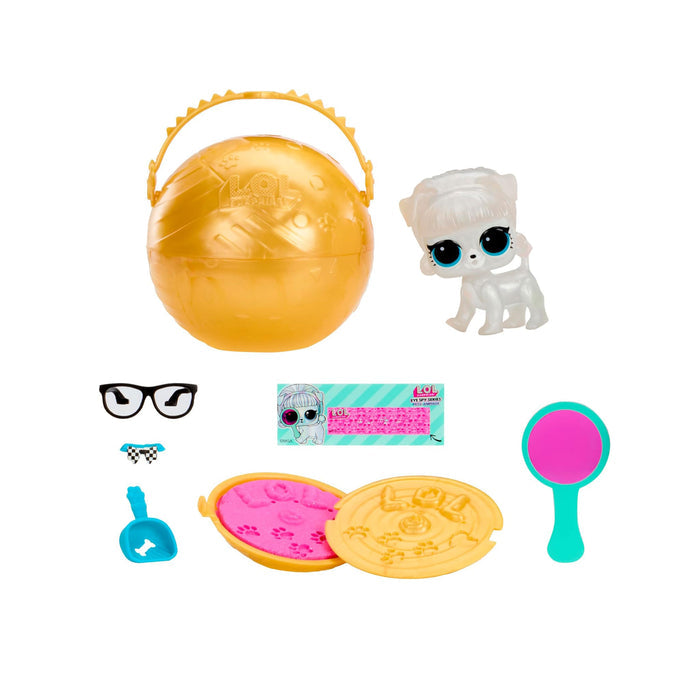 Collection of toys including a small white dog figure, yellow ball, and various accessories on a white background.