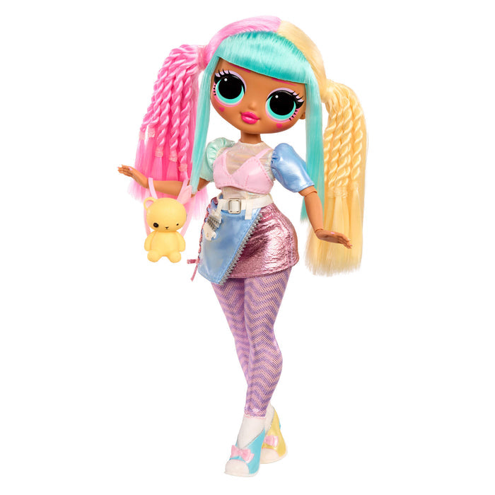 Colorful doll with pastel hair and outfit on a white background