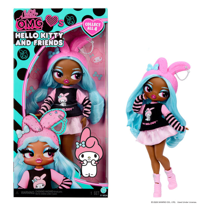 My Melody doll with packaging featuring 'OMG' branding on a white background