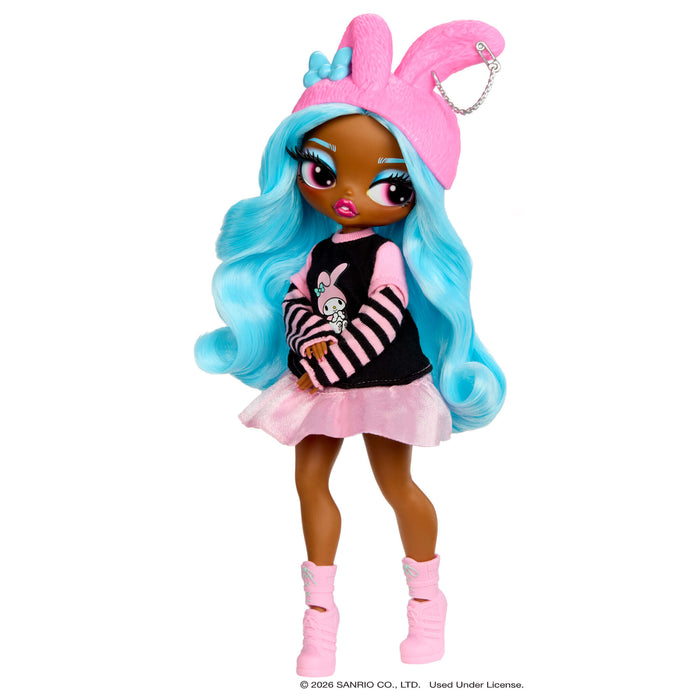 Toy doll with blue hair, pink outfit, and bunny ears on a white background