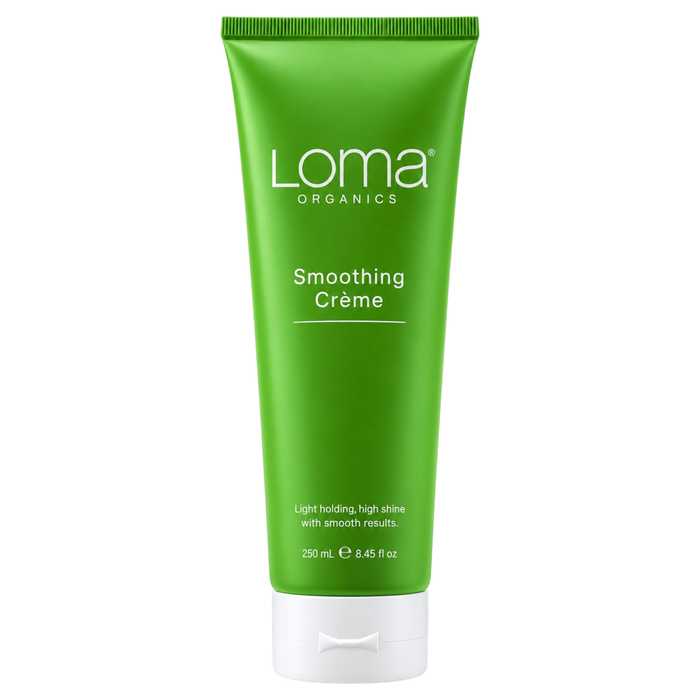 A green squeeze tube of Loma Organics Smoothing Crème with a white flip-top cap, centered on a plain white background.