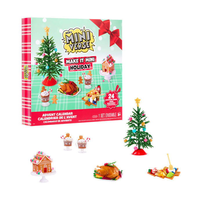 Miniverse Make it Mini Holiday packaging on the left side of the image, sitting in front of package are mini items; Gingerbread house, cups, pine tree, turkey, charcutier board on a white background.
