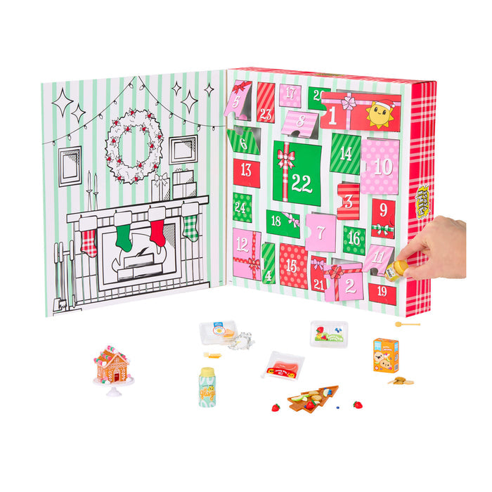 Miniverse Make it Mini Holiday packaging open to show numbers one through twenty-four, on the left side is a fireplace with stockings, a wreath on a green and white striped background. Various mini’s sitting in front of the open packaging on a white background.