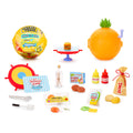 Assorted SpongeBob items including a pineapple-shaped toy, burger set, and various miniature food items on a white background.