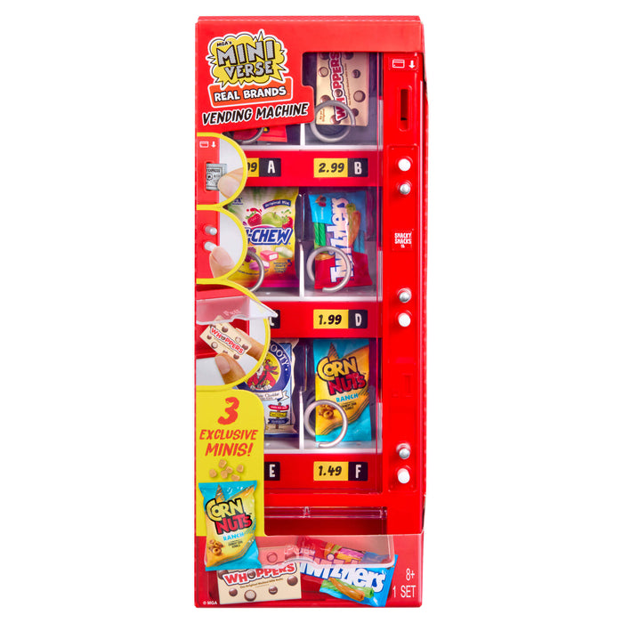Red toy vending machine with various snack packages on a white background