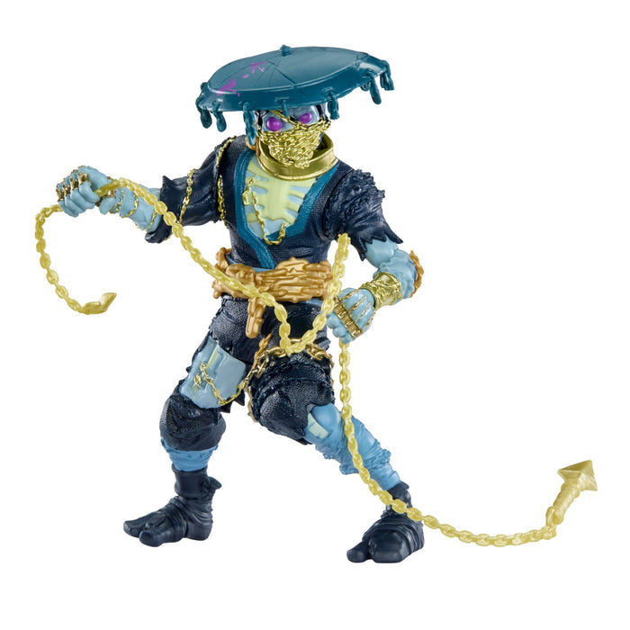 Shadow Scorpion toy figure with a blue and black outfit holding a yellow rope on a white background