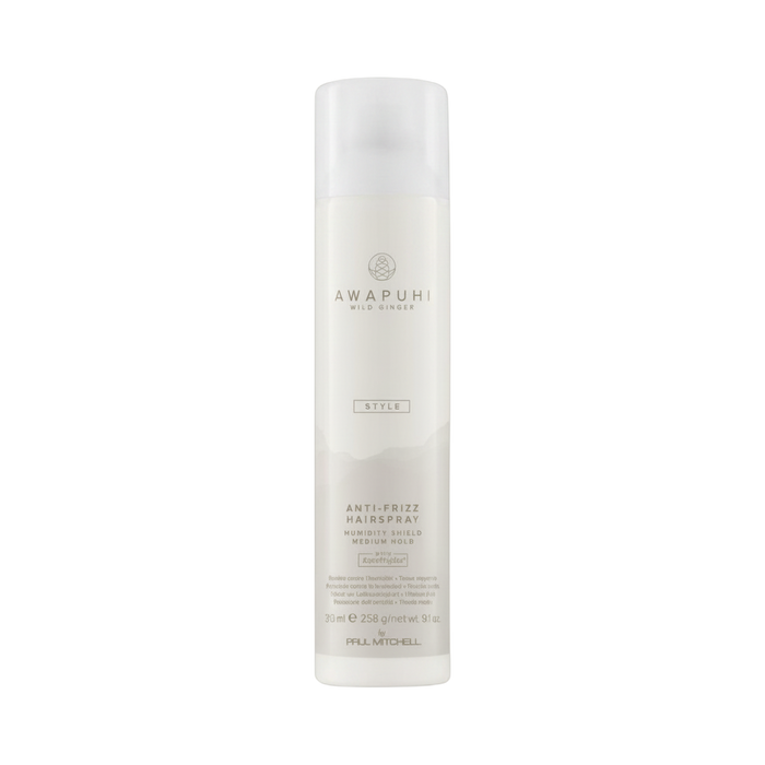 White hair spray bottle with 'Awapuhi' branding on a white background