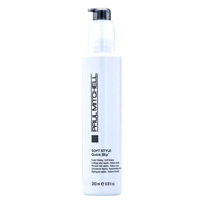 A 200 ml white bottle of Pull Mitchell Soft Style Quick Slip hair styling foam with a black pump dispenser, shown on a solid white background.