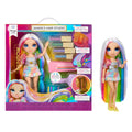 Toy doll with colorful hair and packaging for 'Amaya's Hair Studio' on a white background