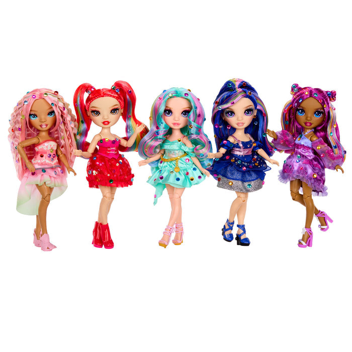 Five colorful dolls with styled hair on a white background