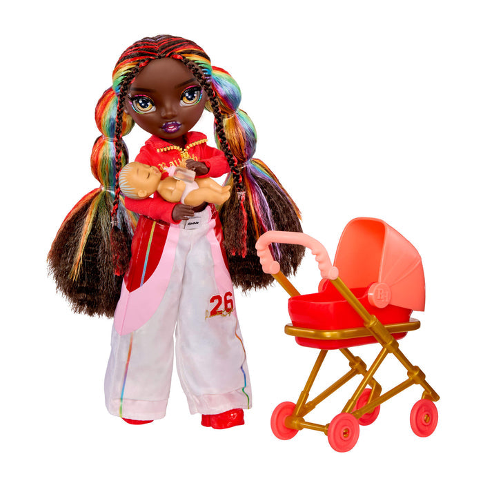 Iris with baby and doll stroller on a white background
