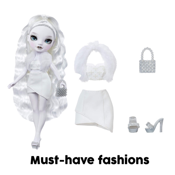 White doll with fashion items including a skirt, top, shoes, and handbag on a white background.
