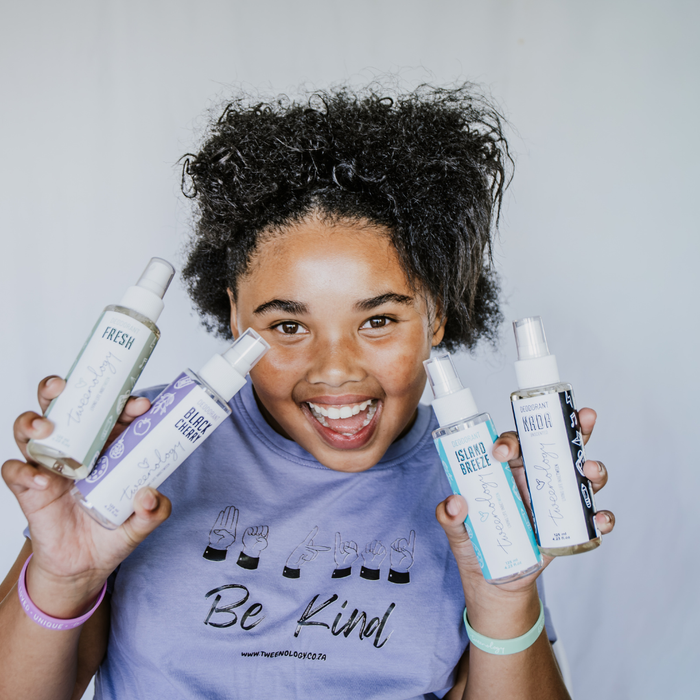 Tweenology natural deodorant range for tweens — Fresh, Black Cherry, Island Breeze and Nada variants, plant-based and aluminium-free, made in South Africa