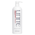 A 33.8 fl oz (1 L) white bottle of Unite Weekender Shampoo Clarifying, featuring a pump dispenser and gray and red text, on a solid white background.