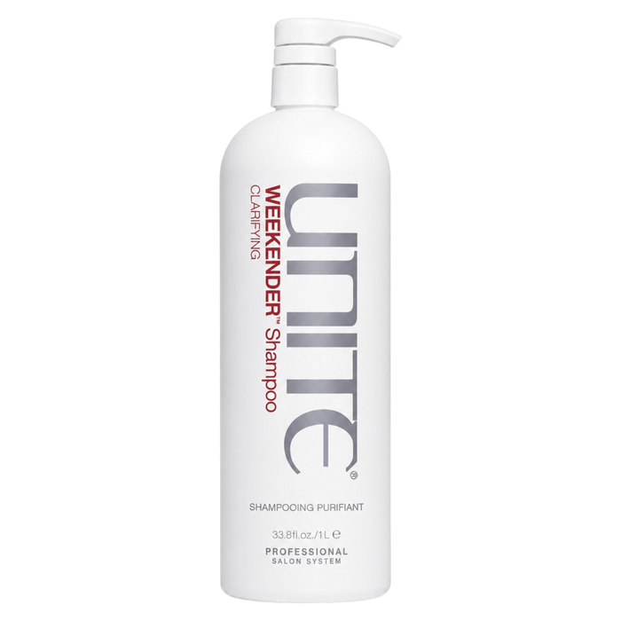 A 33.8 fl oz (1 L) white bottle of Unite Weekender Shampoo Clarifying, featuring a pump dispenser and gray and red text, on a solid white background.