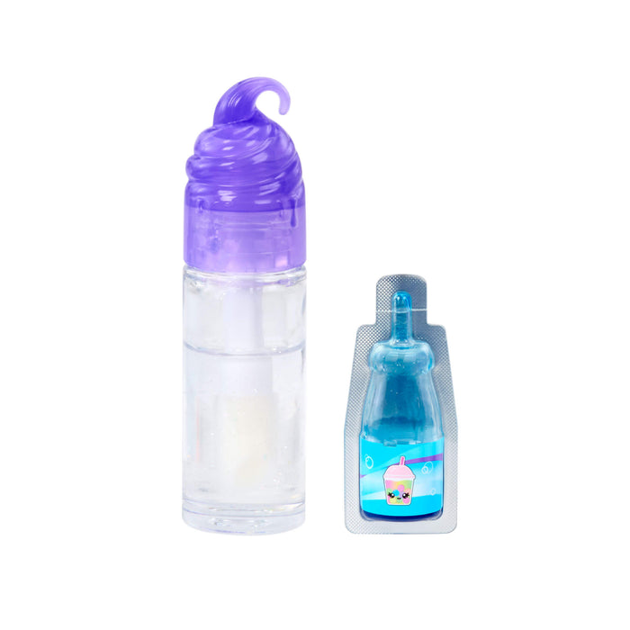 Clear bottle with purple cap and smaller blue bottle with cartoon character on a white background